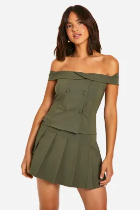 Off The Shoulder Button Front Vest & Pleated Mini Skirt