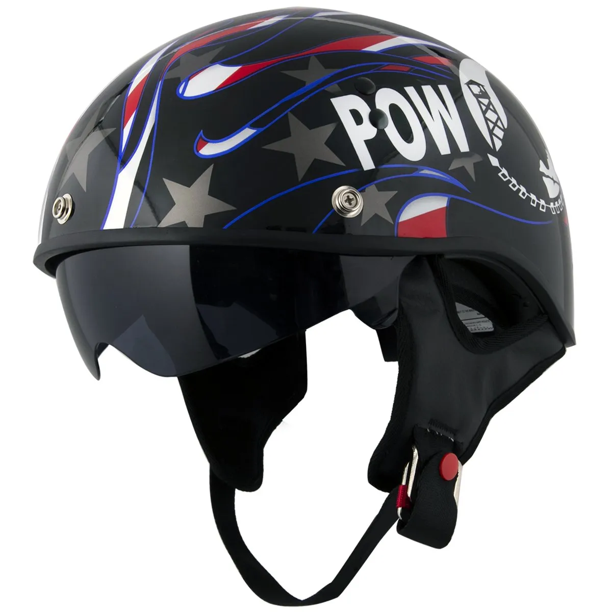 Outlaw Helmets T70 Glossy Black Prison of War Motorcycle Half Helmet for Men & Women With Sun Visor DOT Approved - Adult Unisex 