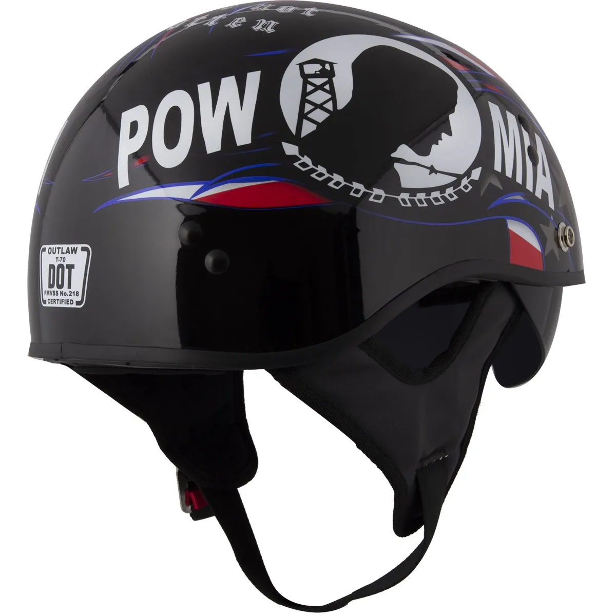 Outlaw Helmets T70 Glossy Black Prison of War Motorcycle Half Helmet for Men & Women With Sun Visor DOT Approved - Adult Unisex 