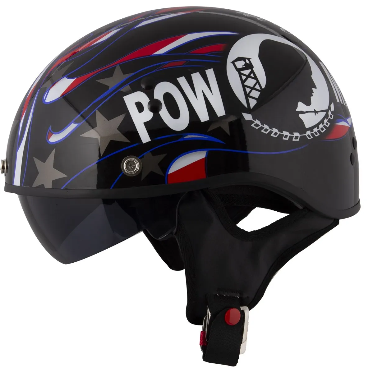 Outlaw Helmets T70 Glossy Black Prison of War Motorcycle Half Helmet for Men & Women With Sun Visor DOT Approved - Adult Unisex 