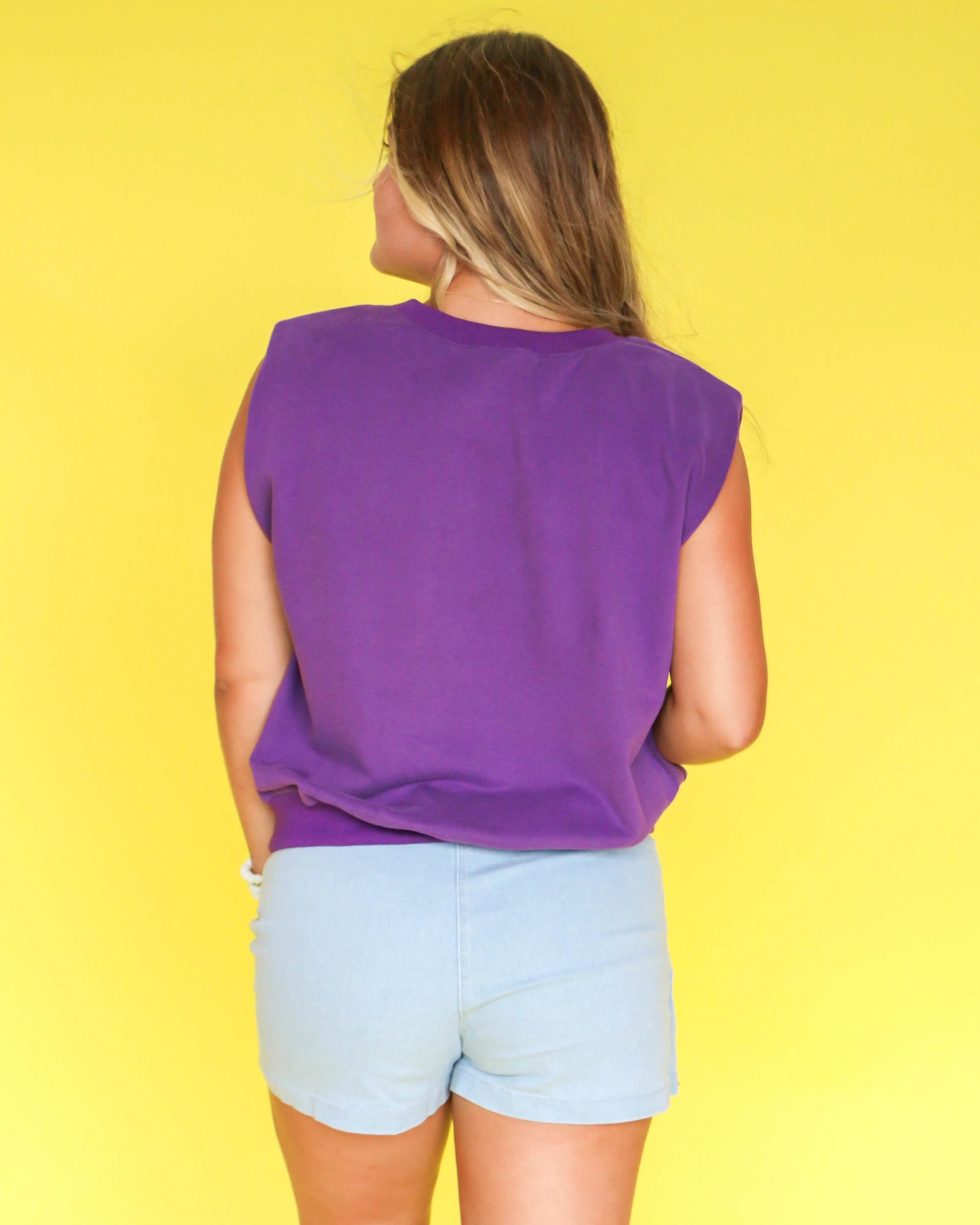 Padded Shoulder Round Neck Sleeveless Top in Purple