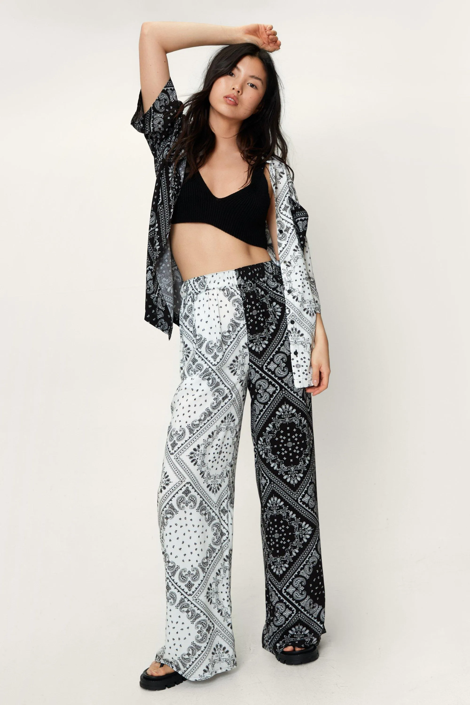 Paisley Printed Spliced Wide Leg Pants