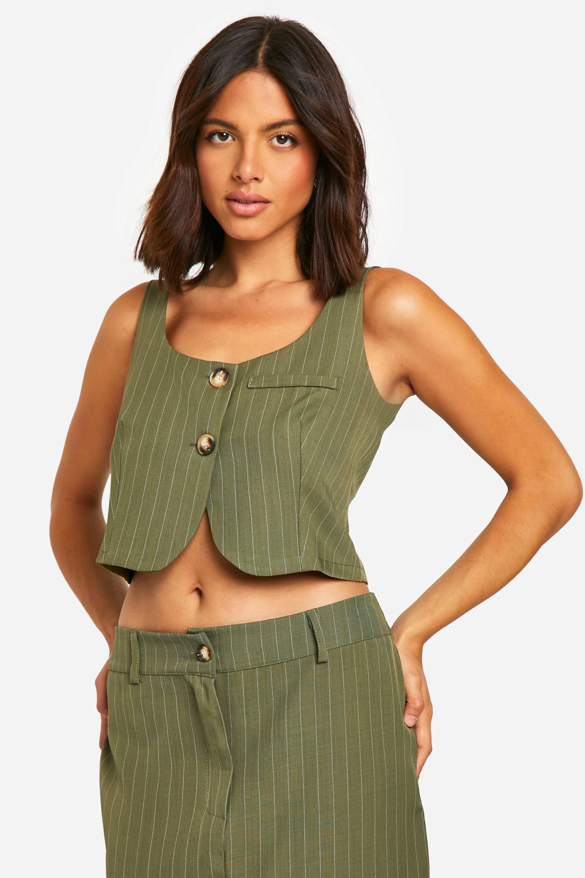 Pinstripe Curved Neckline Cropped Vest