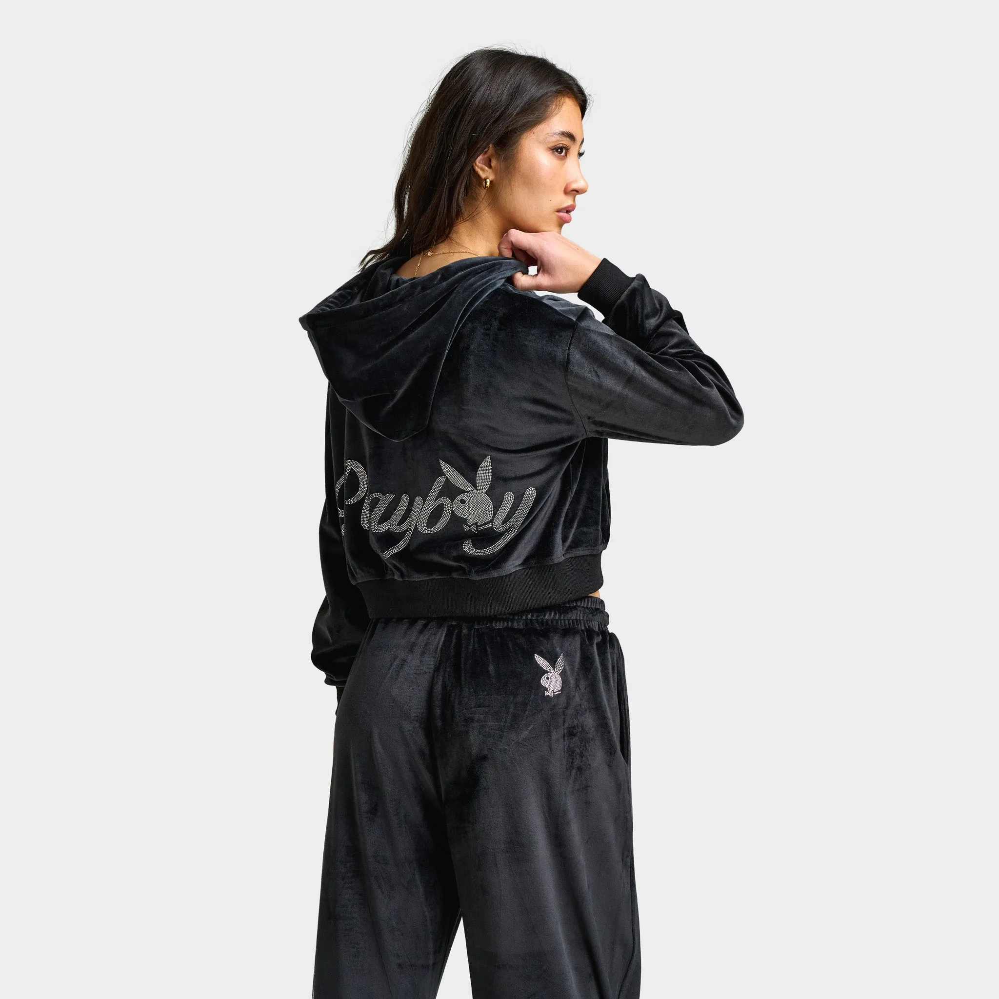 Playboy Women's Script Velour Hoodie / Black