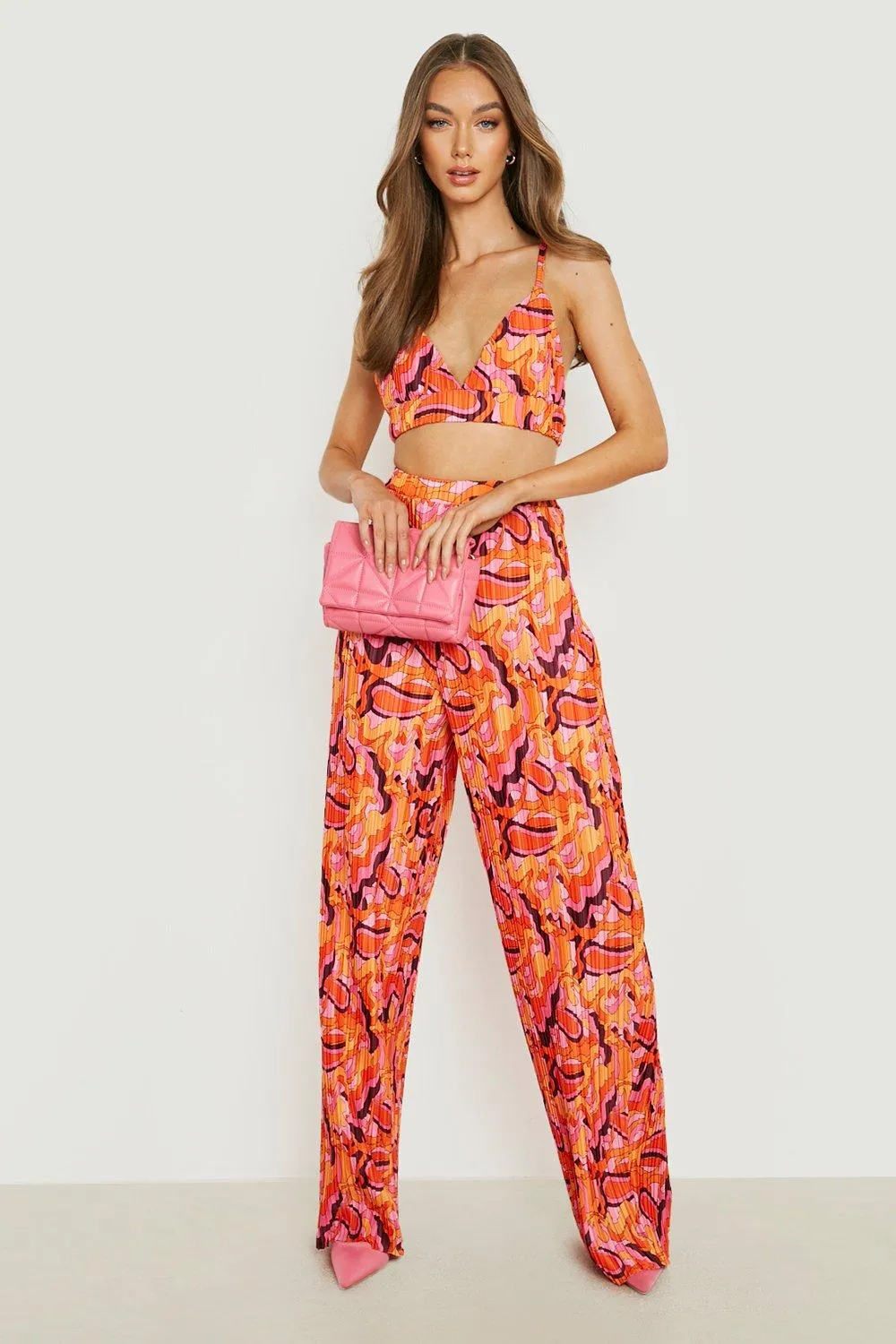 Plisse Bralette & Wide Leg Pants Set