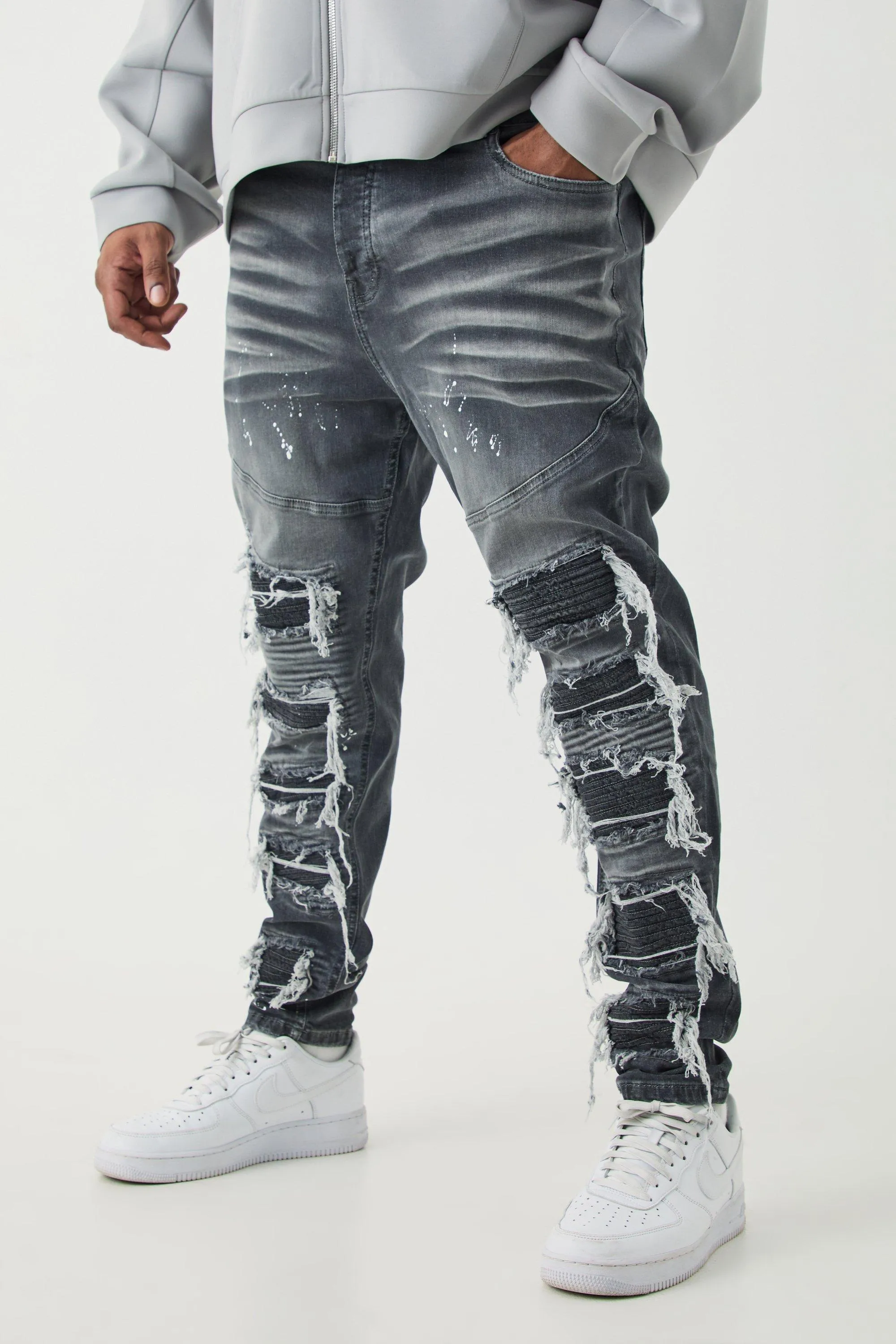 Plus Super Skinny Pu Biker Rip & Repair Paint Splatter Jeans