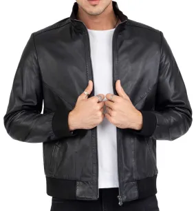 Real Lamb Leather Black Bomber Jacket for Men Regular Fit - B210