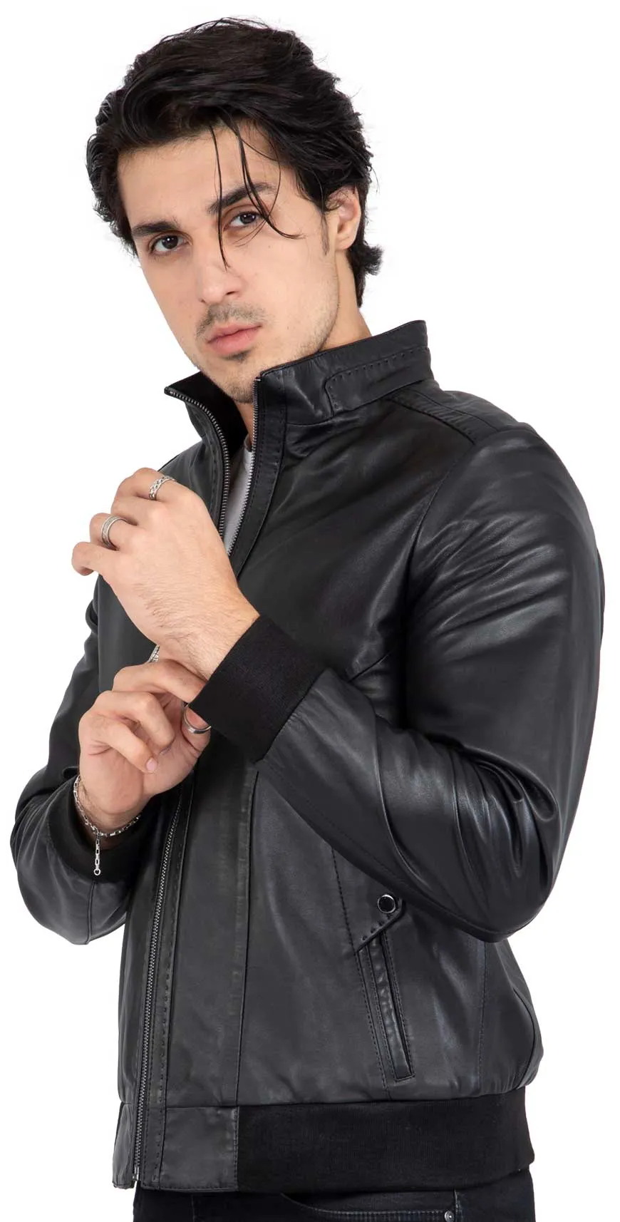 Real Lamb Leather Black Bomber Jacket for Men Regular Fit - B210