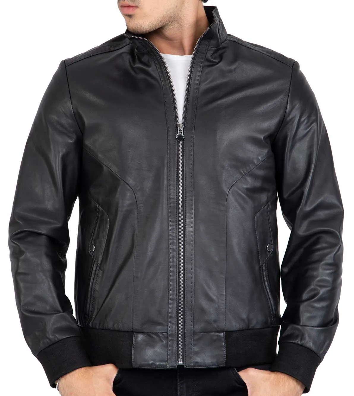 Real Lamb Leather Black Bomber Jacket for Men Regular Fit - B210