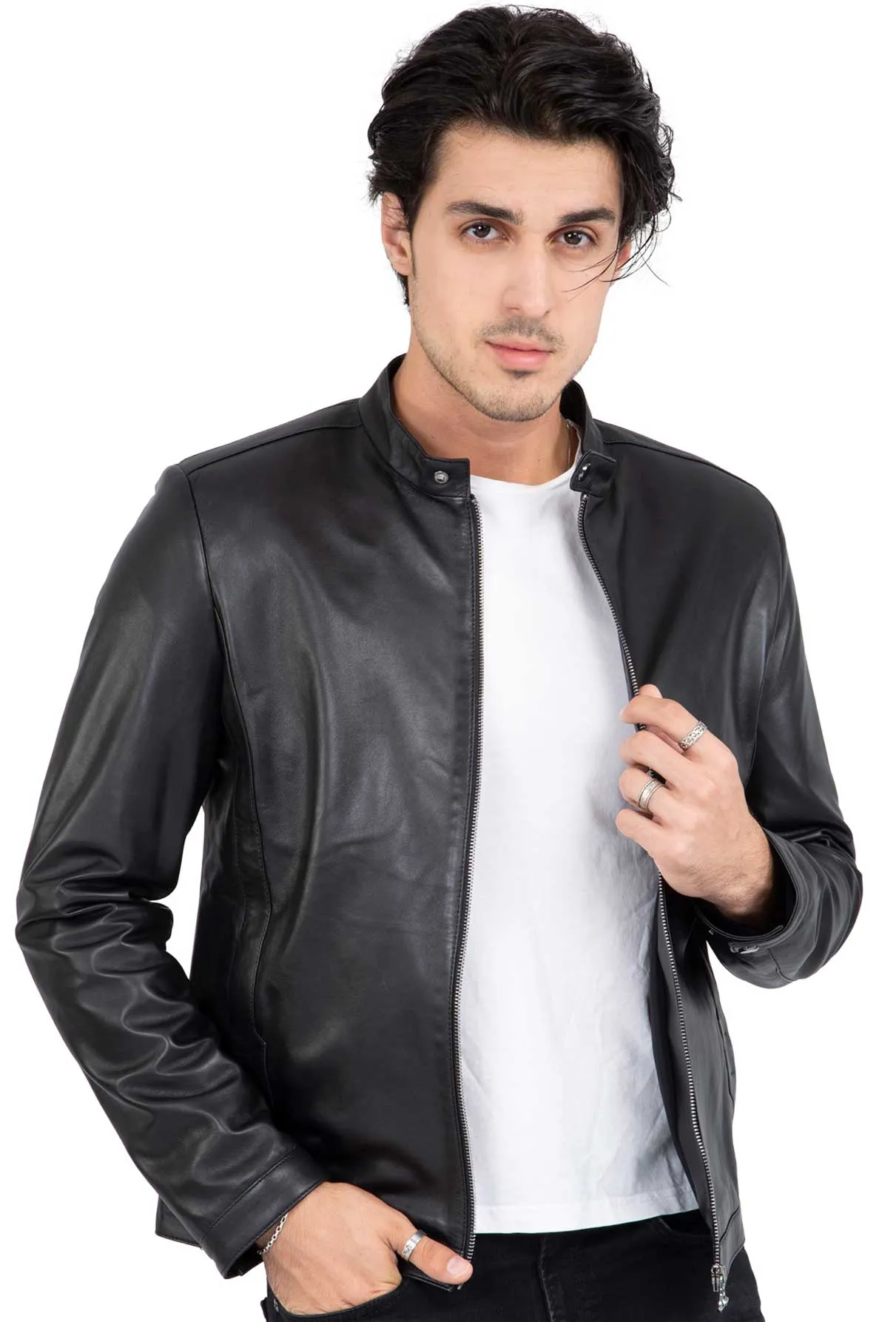 Real Lamb Leather Black Tailored Fit Jacket for Men Clean Style - B206