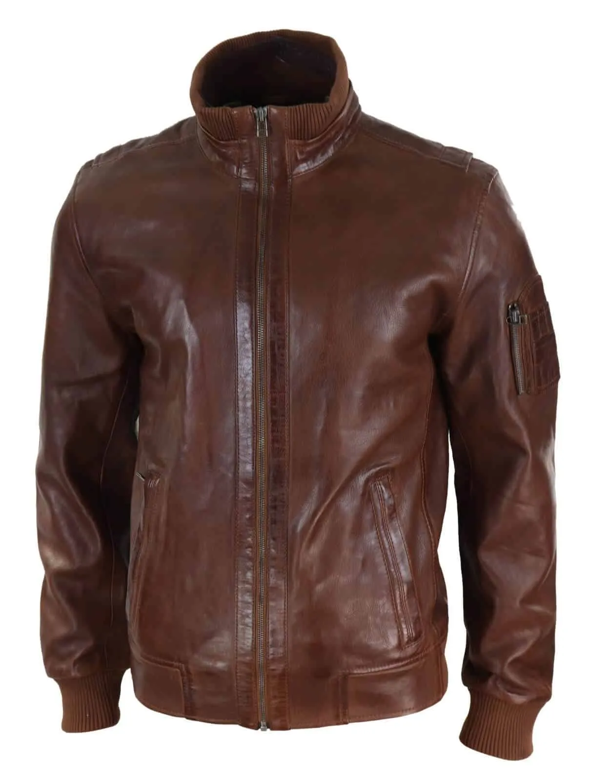 Real Leather Autumn Jacket with High Neck for Men - Timber Colour