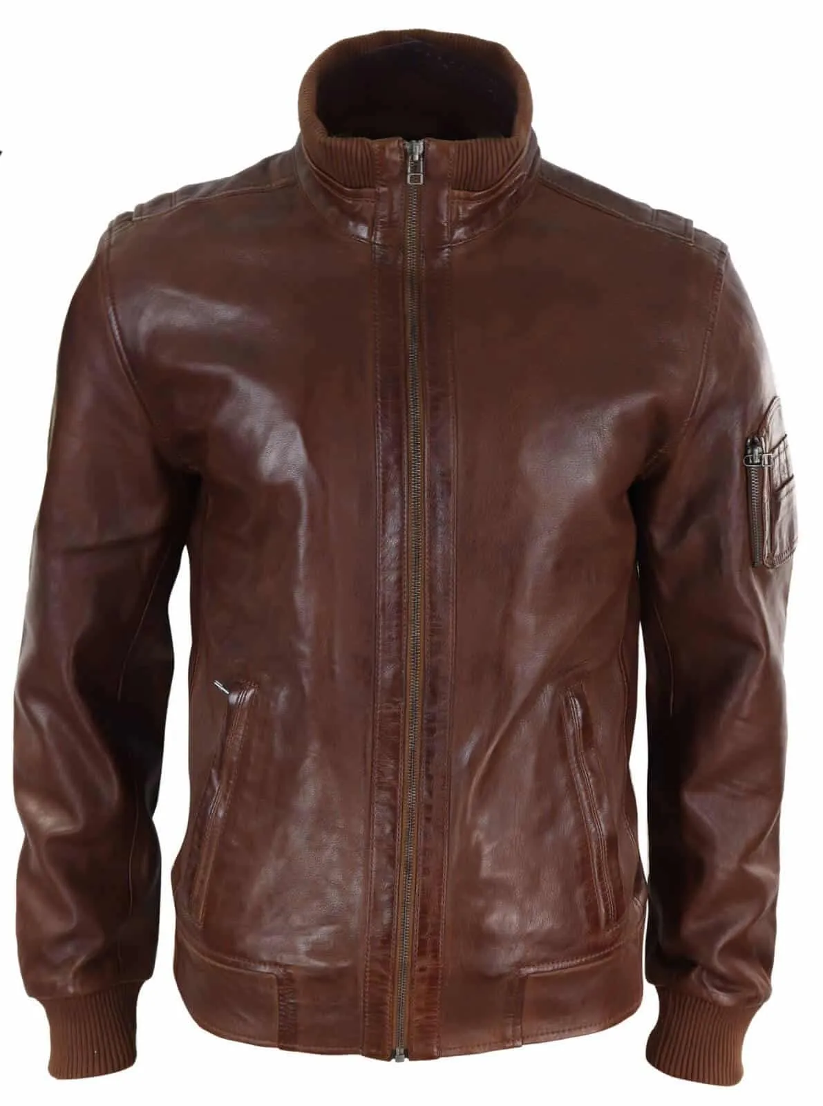 Real Leather Autumn Jacket with High Neck for Men - Timber Colour