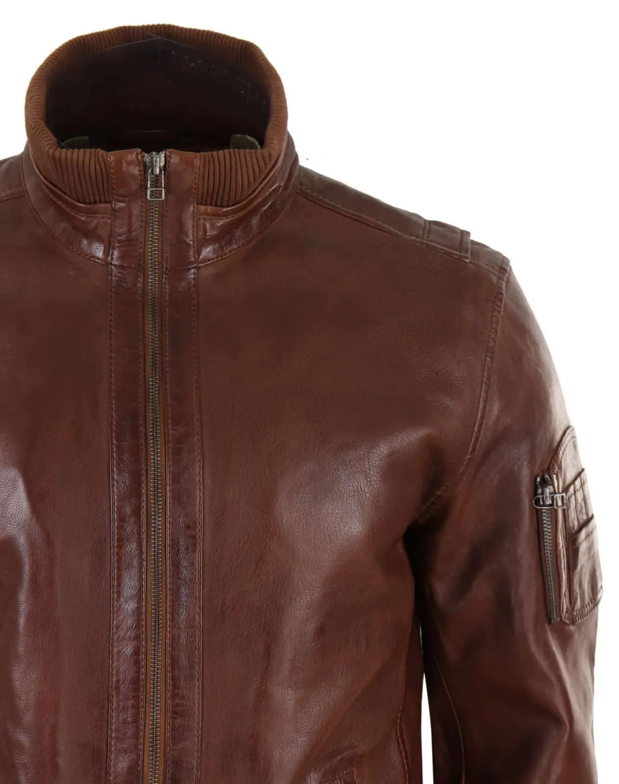 Real Leather Autumn Jacket with High Neck for Men - Timber Colour