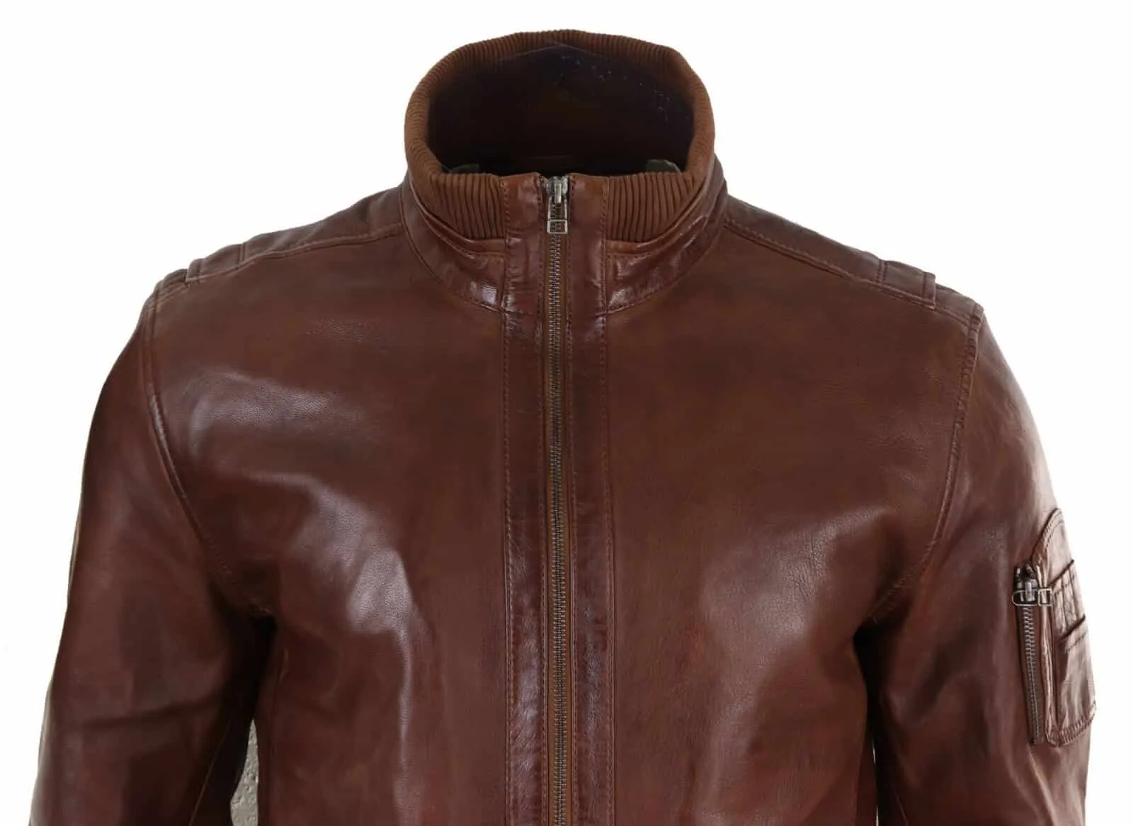 Real Leather Autumn Jacket with High Neck for Men - Timber Colour