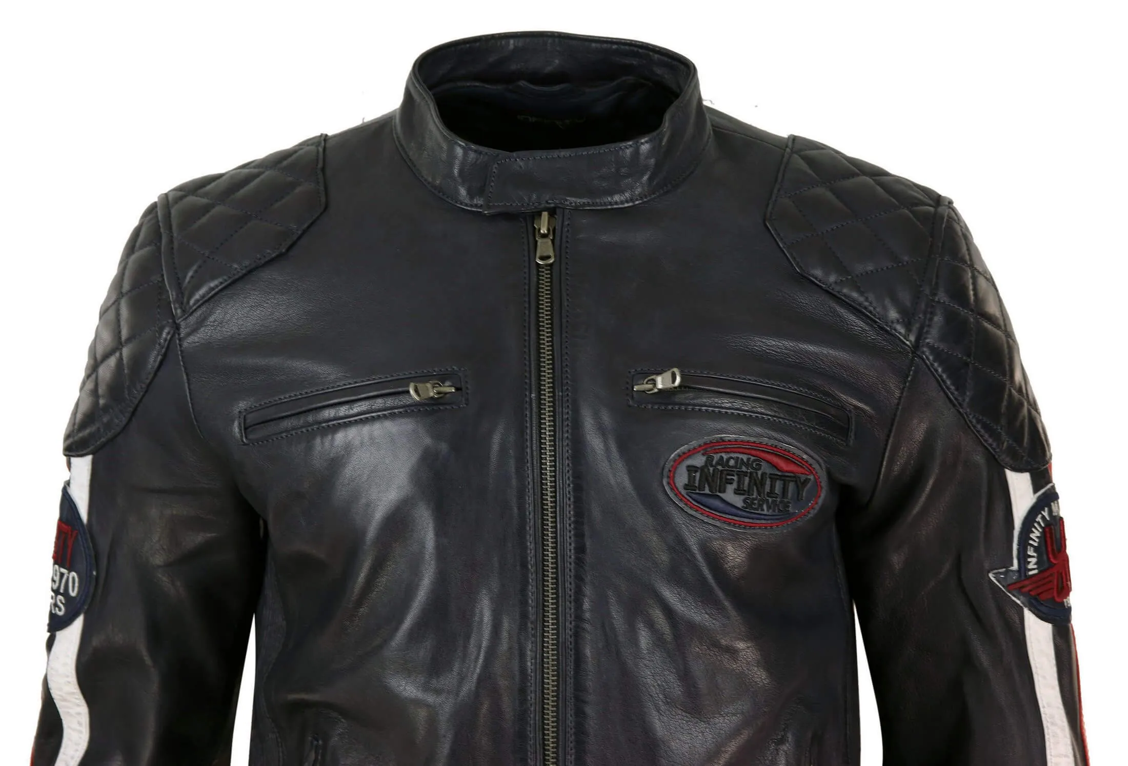 Real Leather Black Navy Brown Mens Racing Jacket Stripe Sleeves Moto Biker - Black