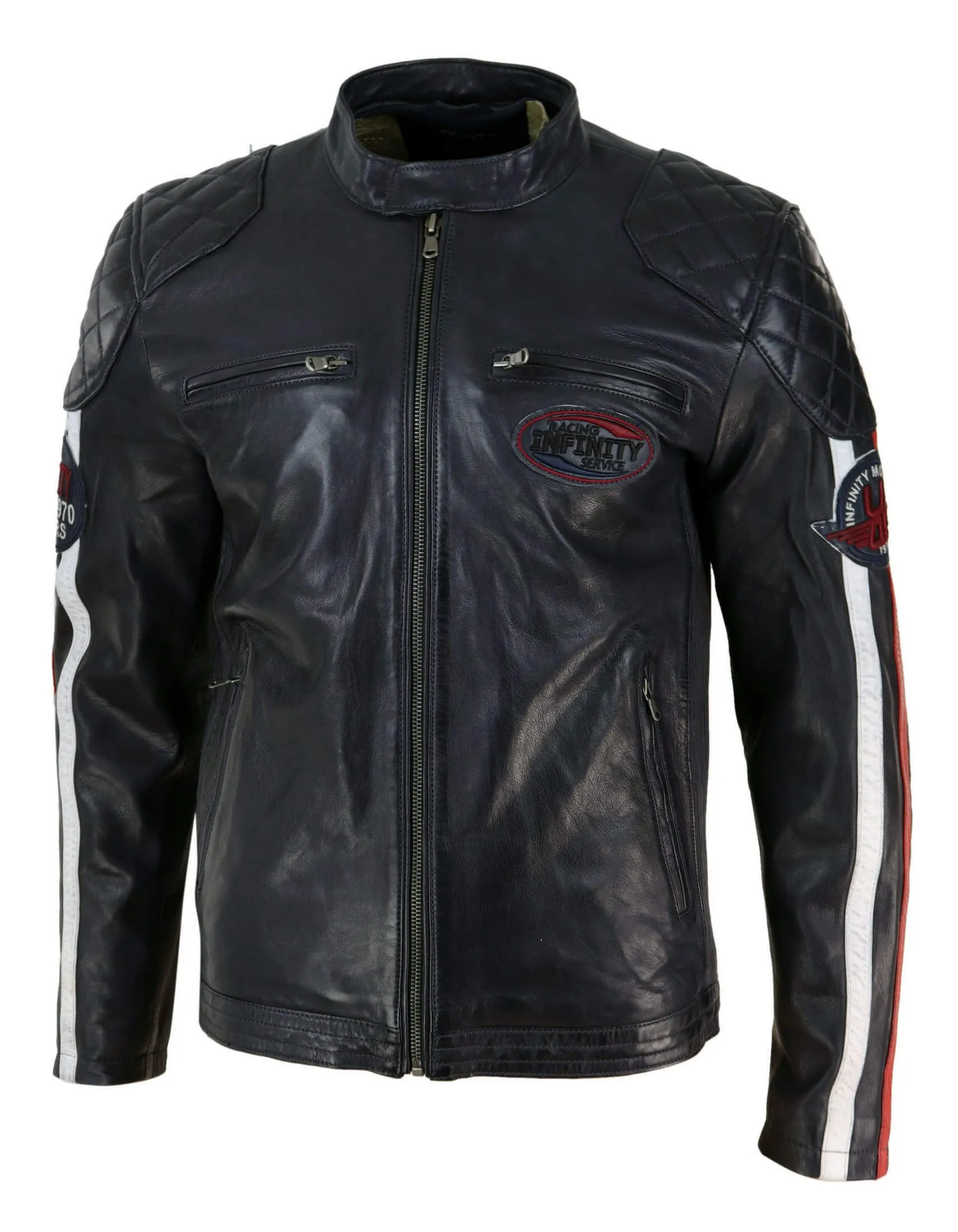 Real Leather Black Navy Brown Mens Racing Jacket Stripe Sleeves Moto Biker - Black