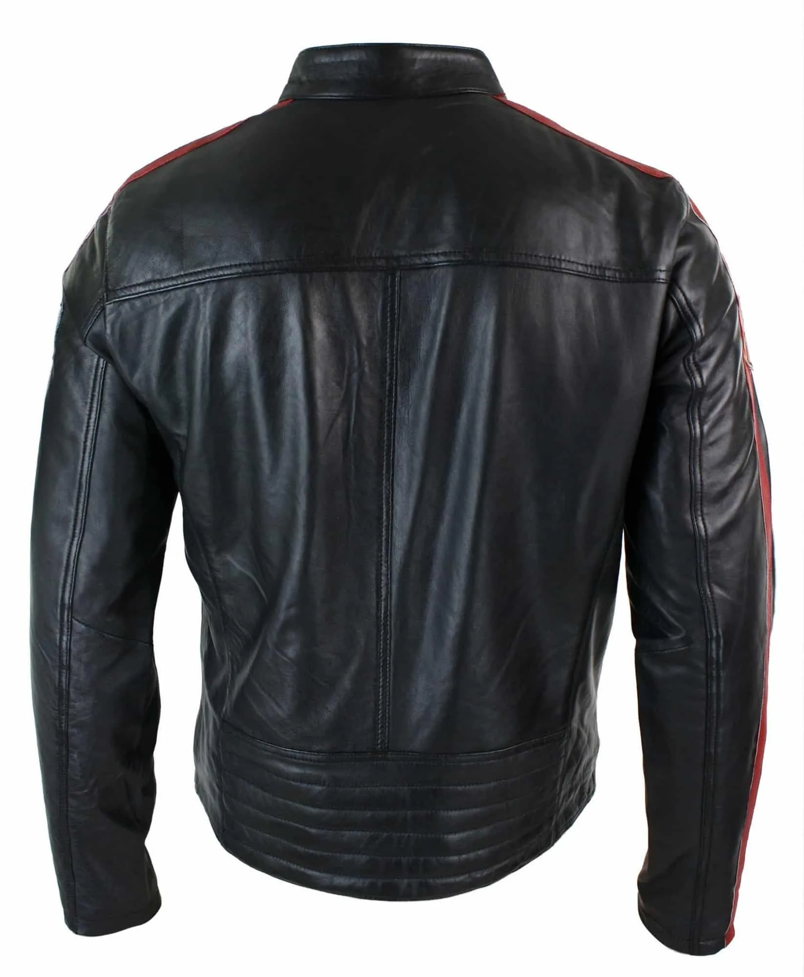 Real Leather Black Racing Mens Biker Jacket Zipped Short Red White Stripes Badge