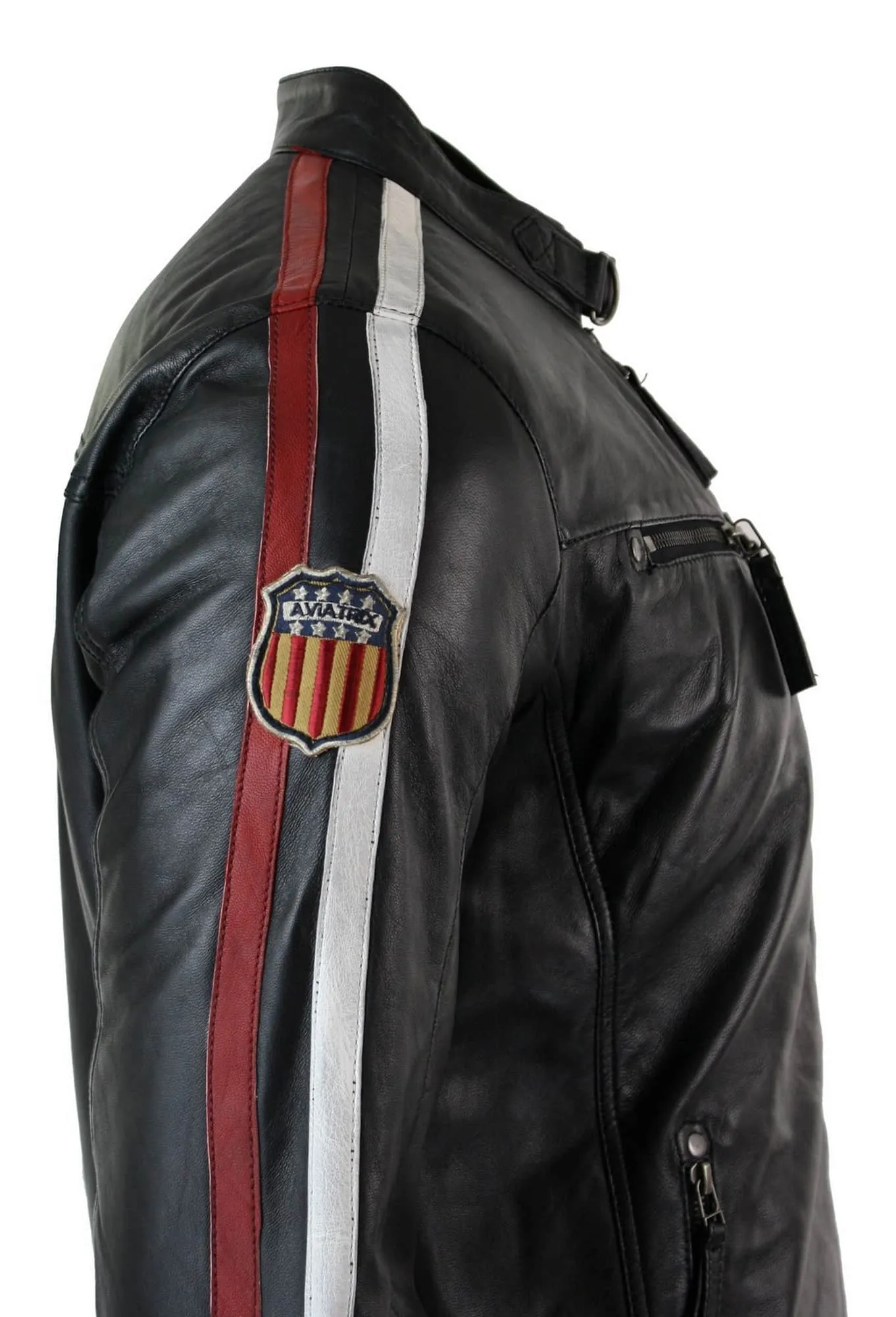 Real Leather Black Racing Mens Biker Jacket Zipped Short Red White Stripes Badge