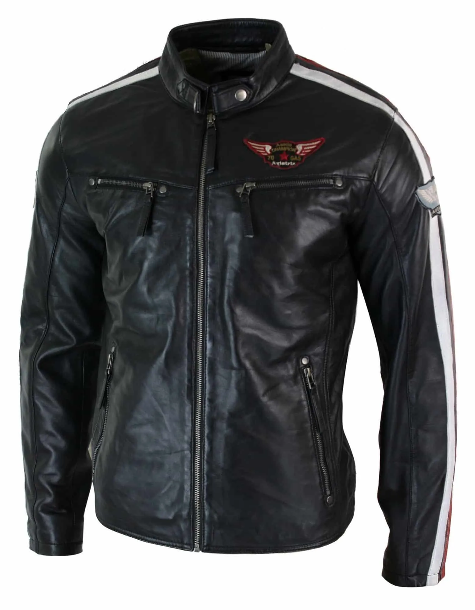 Real Leather Black Racing Mens Biker Jacket Zipped Short Red White Stripes Badge