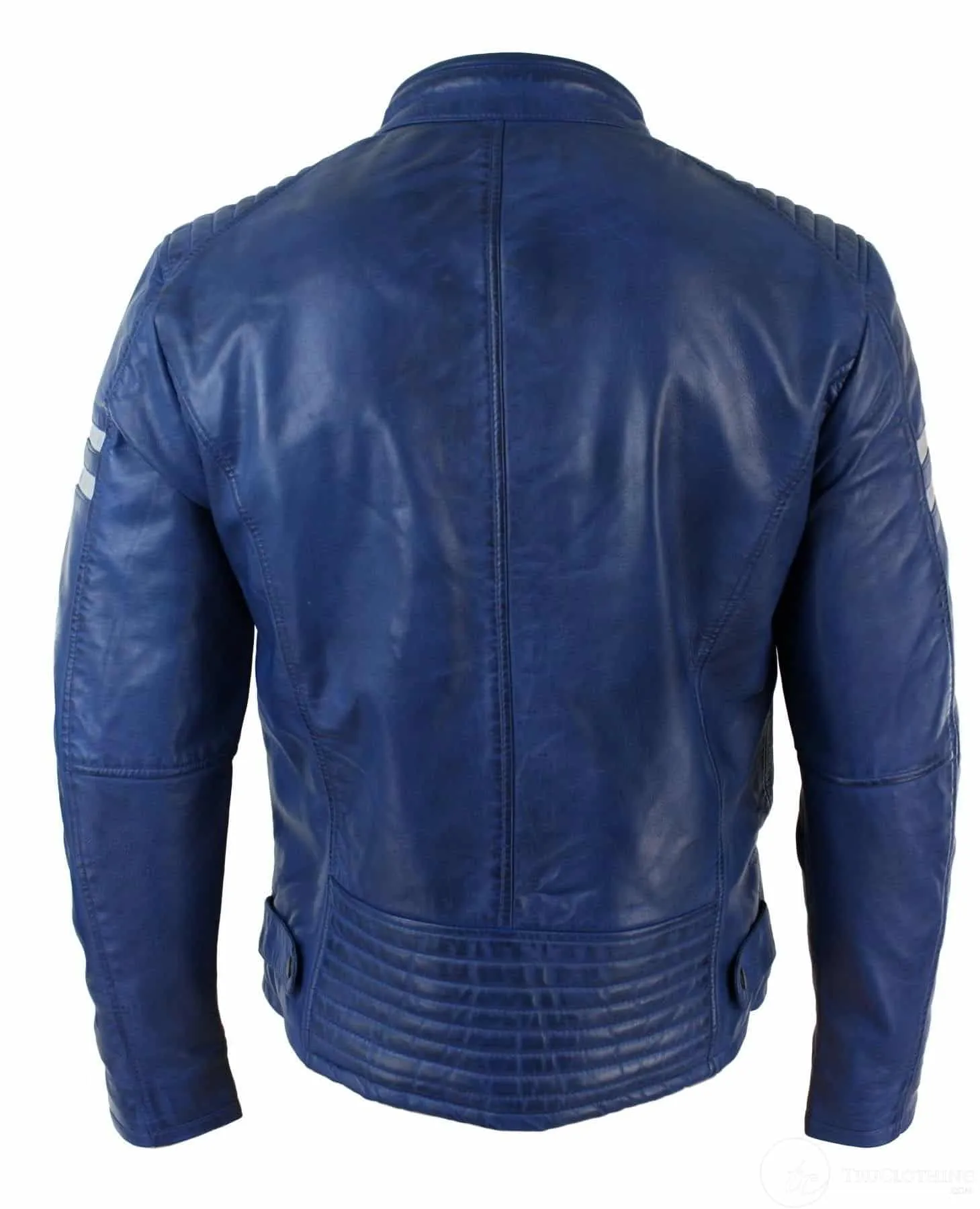 Real Leather Blue Bomber Mens Jacket White Stripes Quilted Slim Fit Casual-Blue