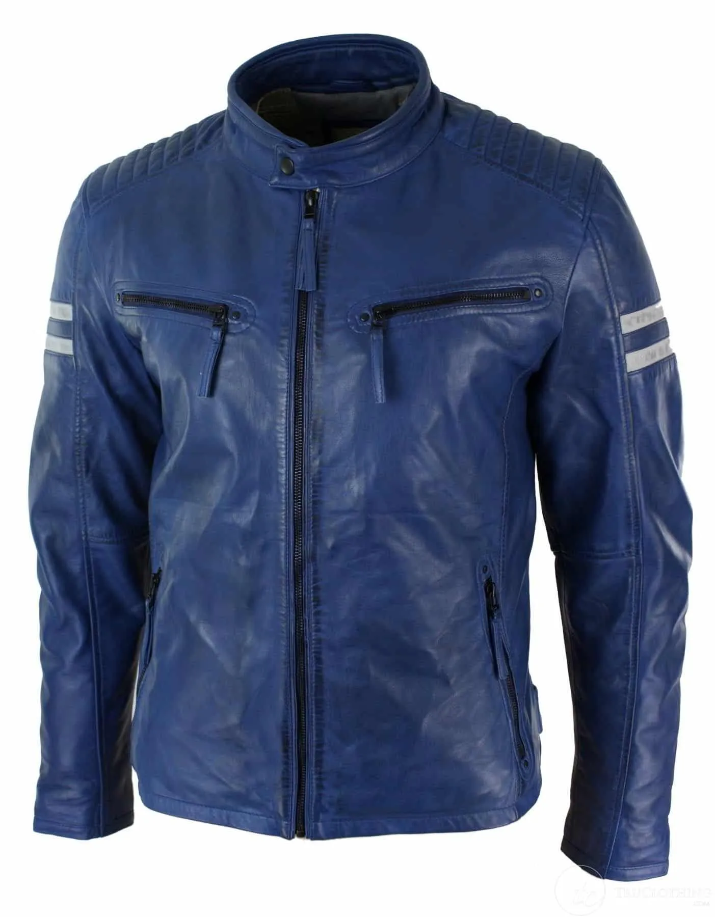 Real Leather Blue Bomber Mens Jacket White Stripes Quilted Slim Fit Casual-Blue