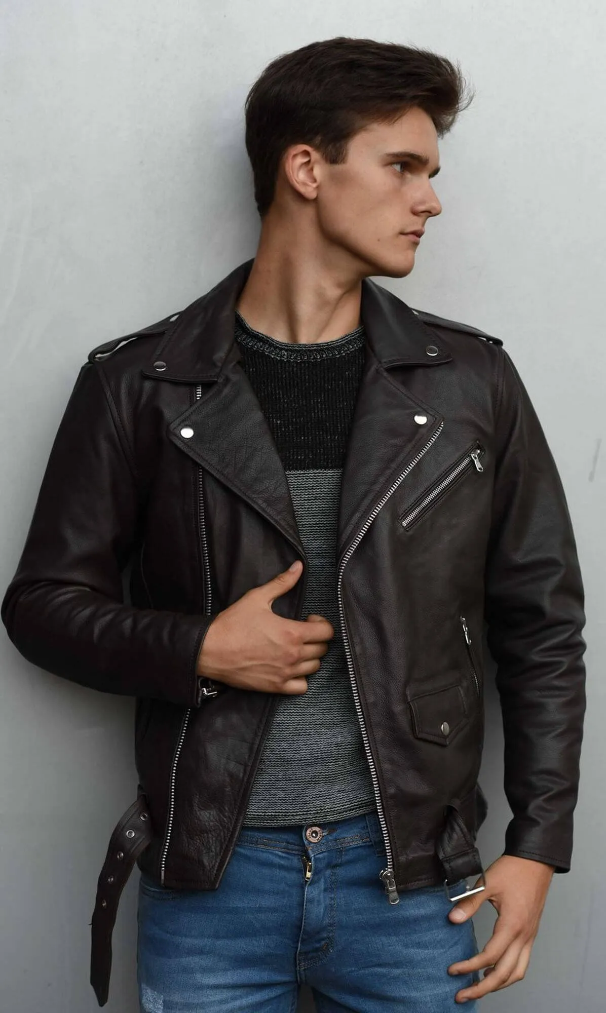 Real Leather Brando - Mens Cross-Zip Brando Jacket-Brown