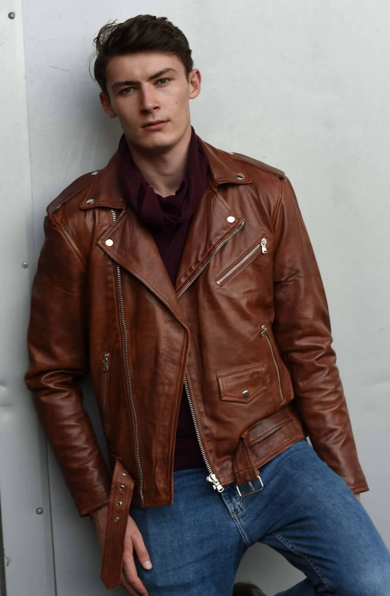 Real Leather Brando - Mens Cross-Zip Brando Jacket-Timber