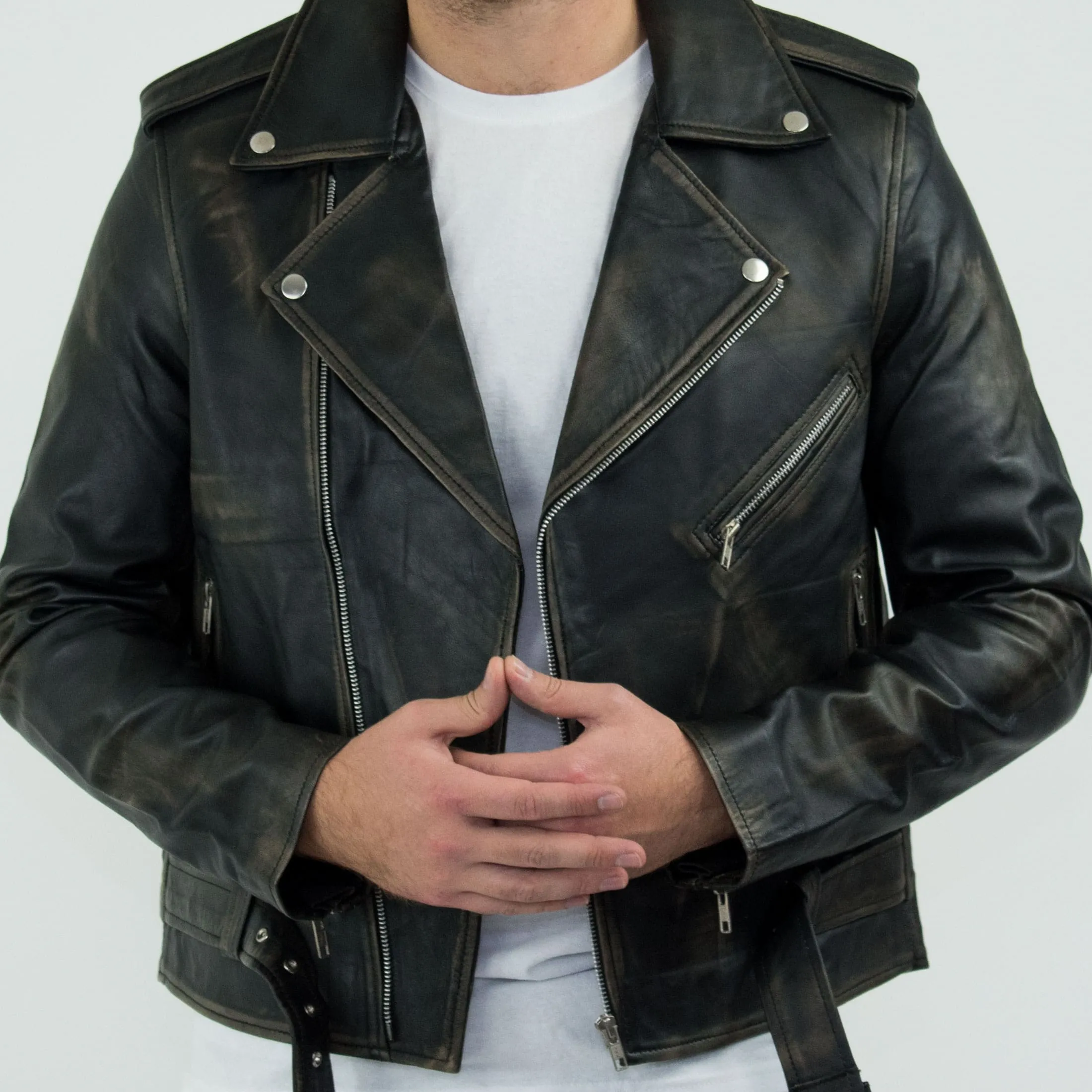 Real Leather Brando - Mens Cross-Zip Brando Real Leather Jacket-Black - Gold