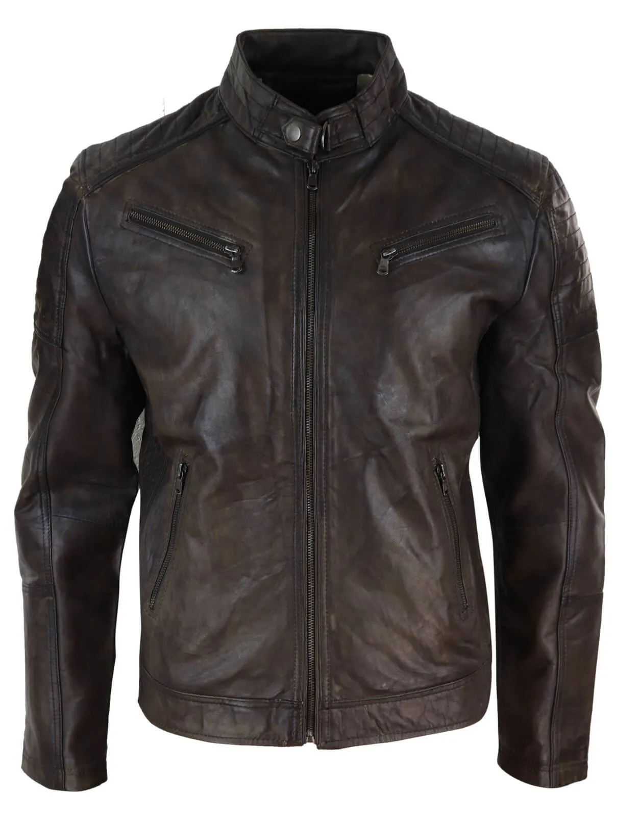 Real Leather Brown Classic Mens Racer Jacket - Brown Racer