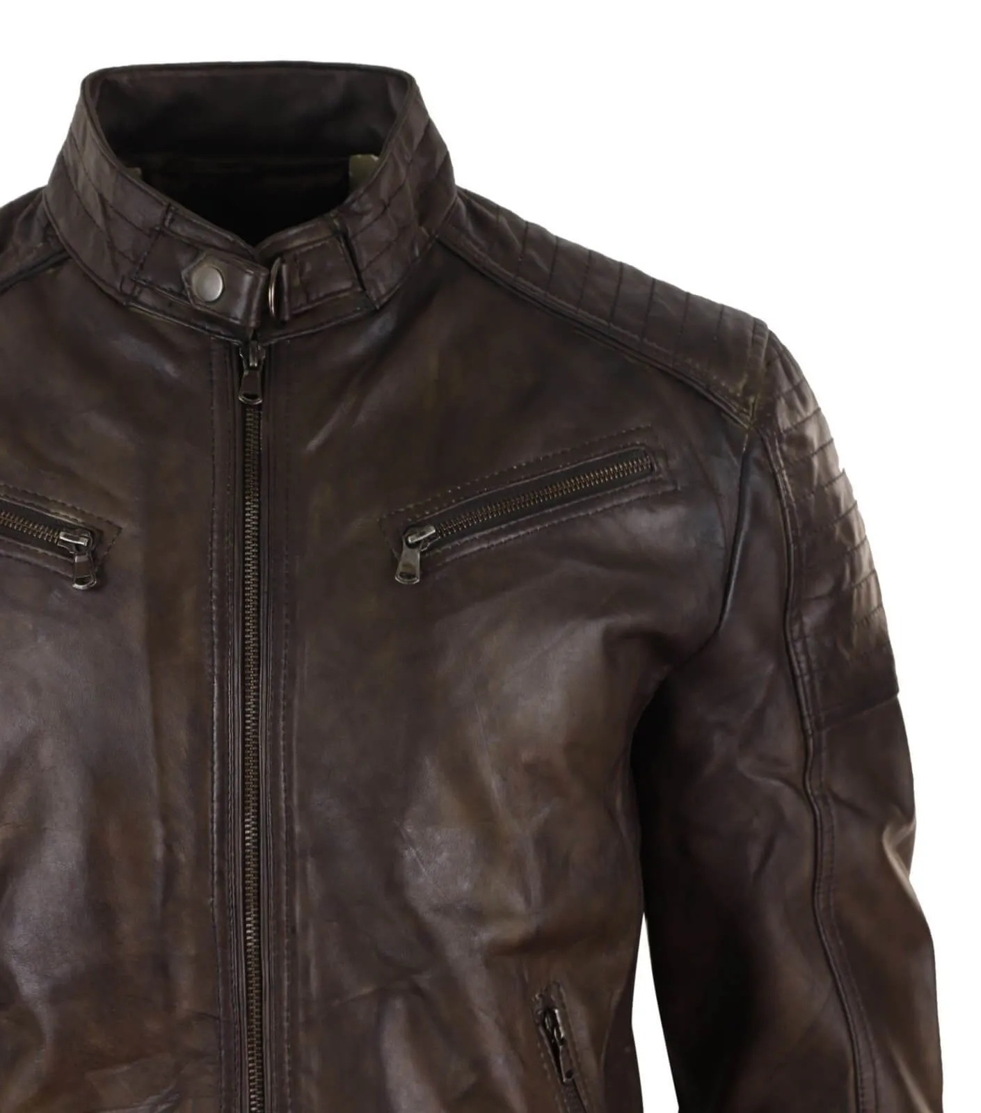 Real Leather Brown Classic Mens Racer Jacket - Brown Racer