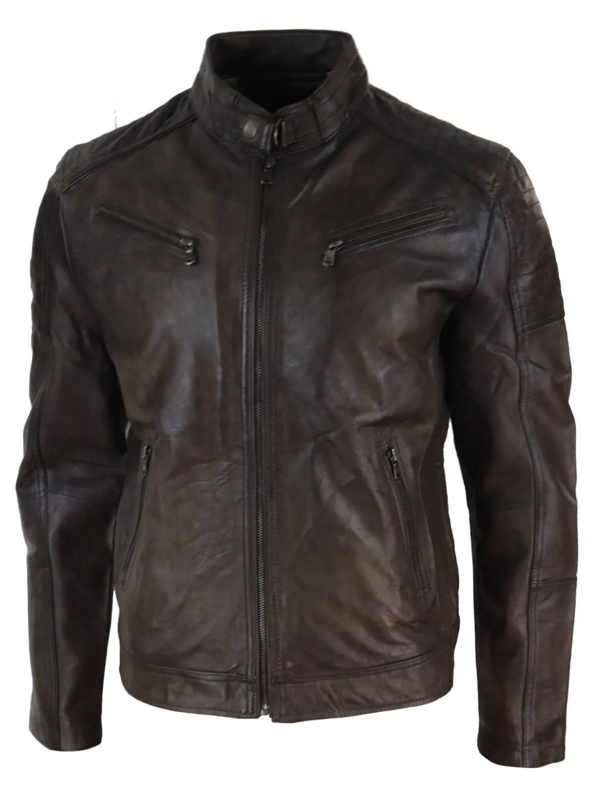 Real Leather Brown Classic Mens Racer Jacket - Brown Racer