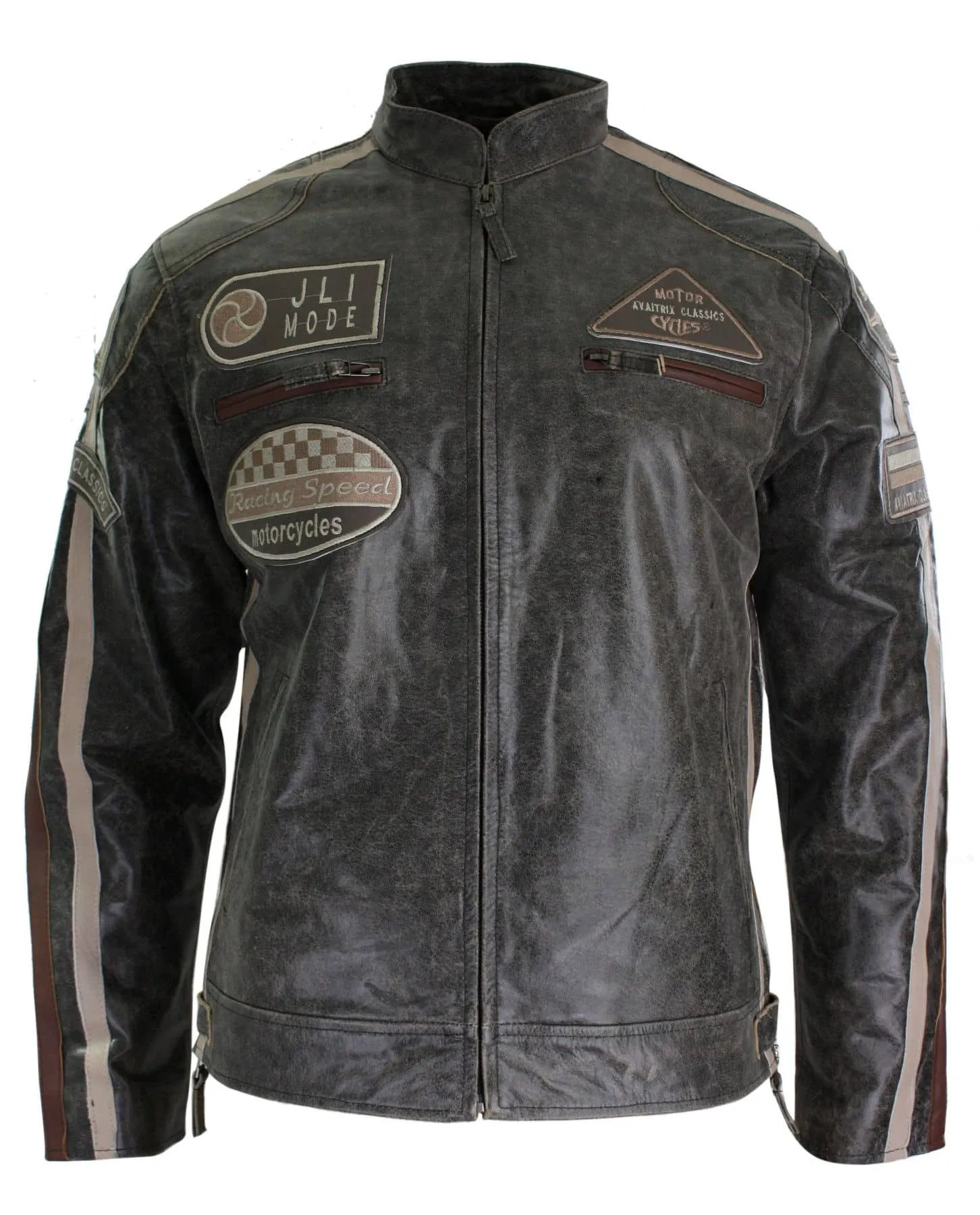 Real Leather Classic Retro Mens Biker Racer Jacket Desert Brown Grey Casual-Tan