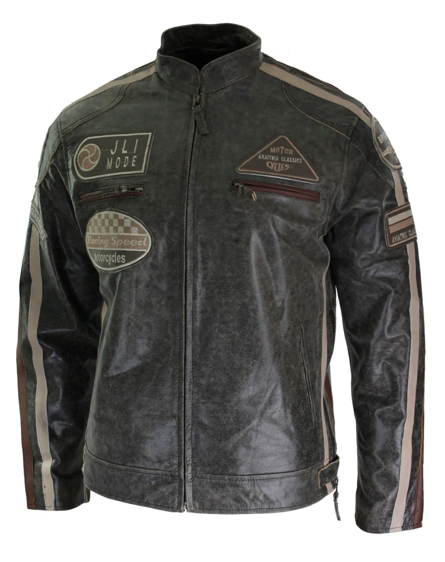 Real Leather Classic Retro Mens Biker Racer Jacket Desert Brown Grey Casual-Tan