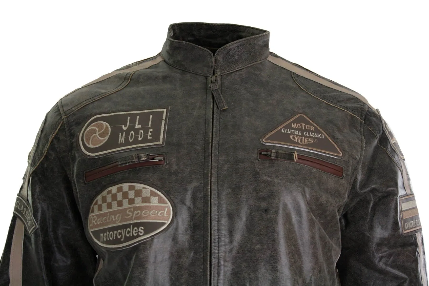 Real Leather Classic Retro Mens Biker Racer Jacket Desert Brown Grey Casual-Tan