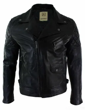 Real Leather Cross Zip Mens Biker Jacket Black Tailored Fit Retro Casual