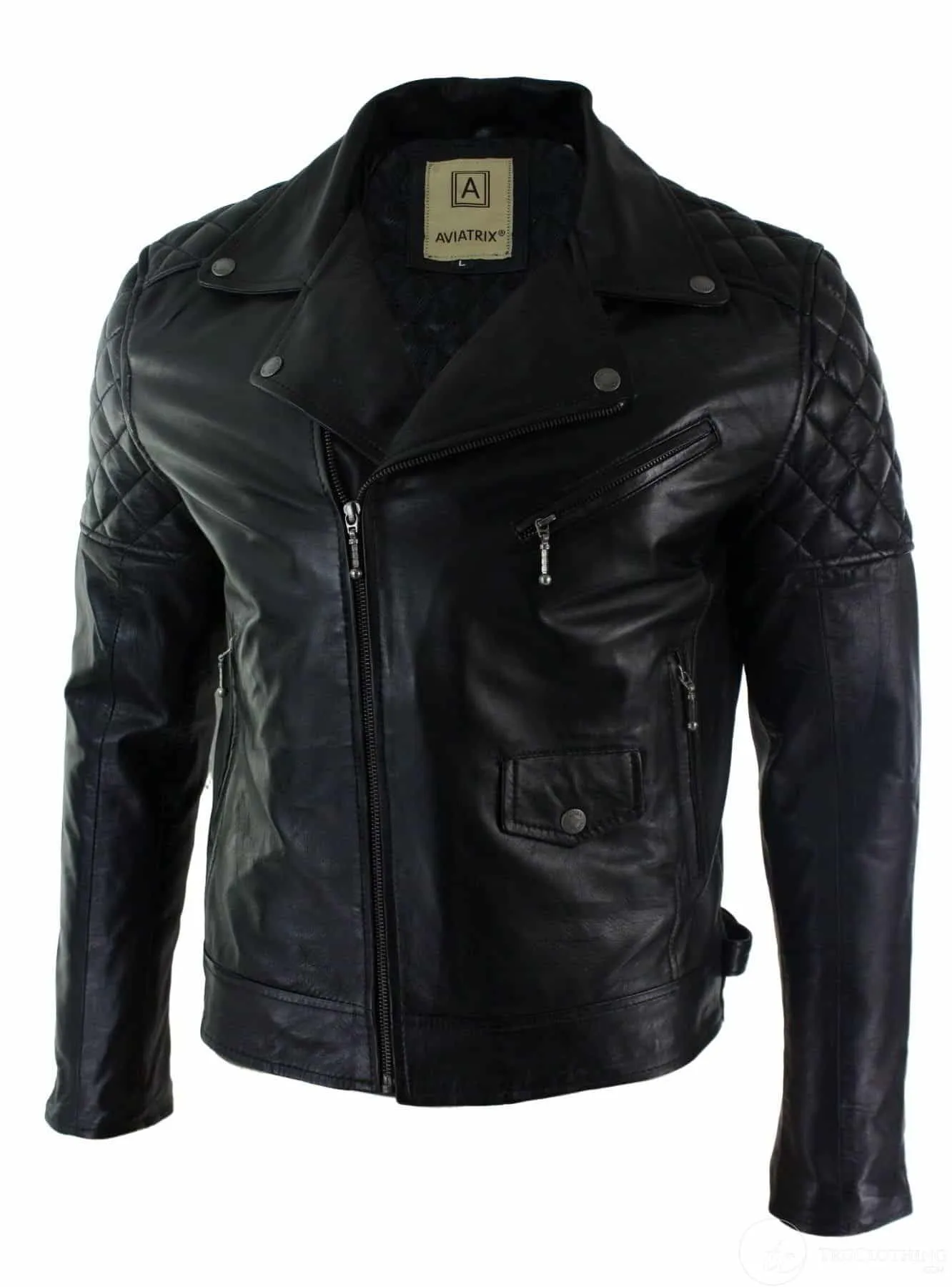 Real Leather Cross Zip Mens Biker Jacket Black Tailored Fit Retro Casual