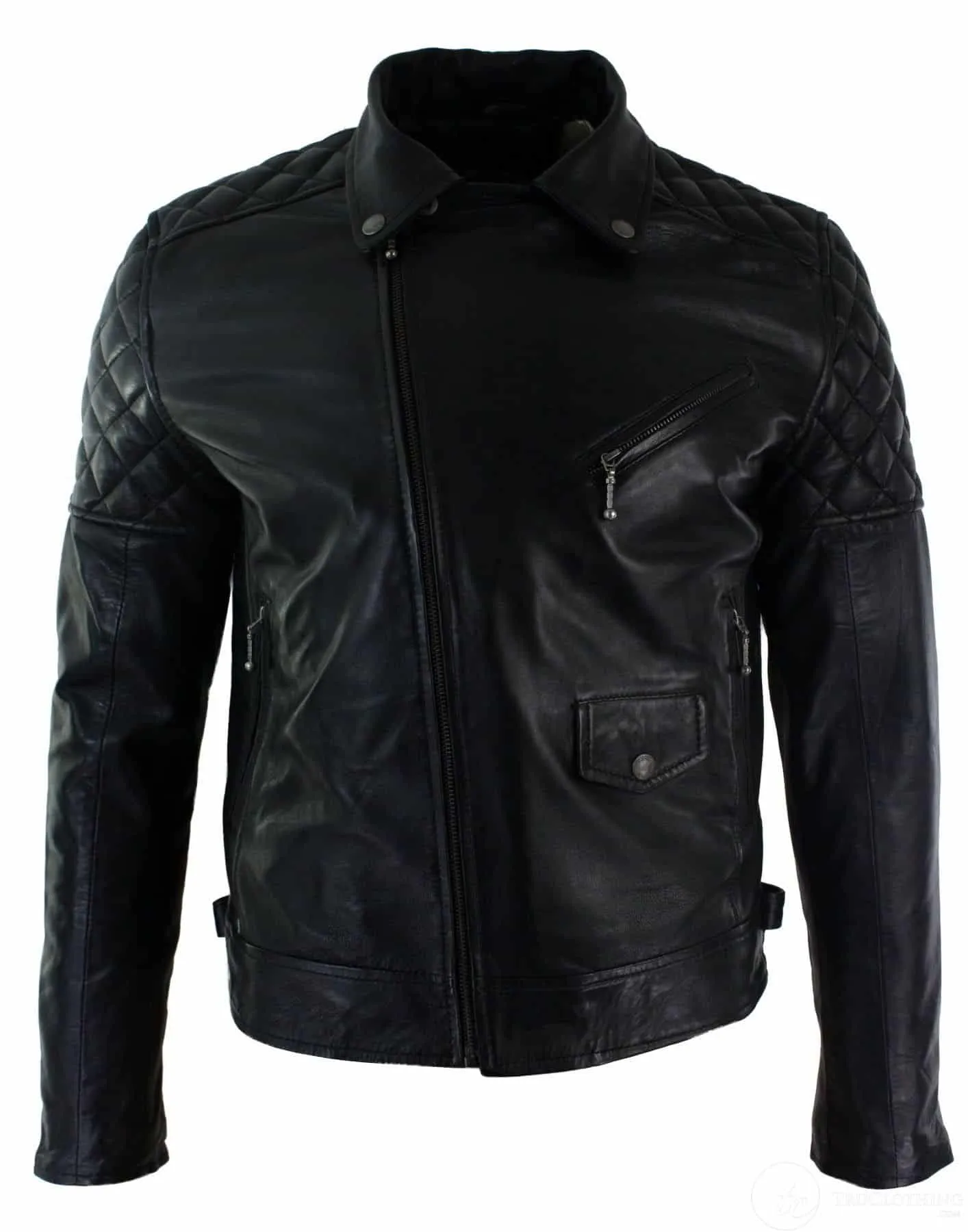 Real Leather Cross Zip Mens Biker Jacket Black Tailored Fit Retro Casual