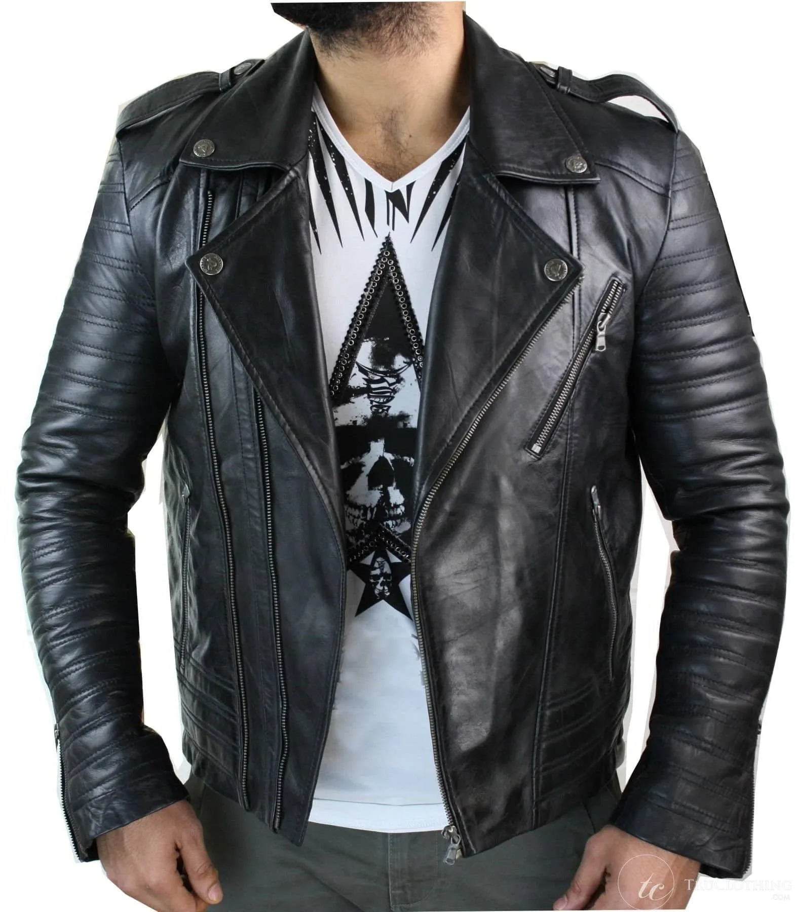 Real Leather Cross Zip Vintage Retro Mens Biker Jacket Black Urban Slim Fit-XXXL-Black