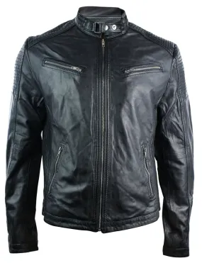 Real Leather Fitted Retro Style Zipped Mens Biker Jacket Tan Brown Nevada Timber Black Urban-Black