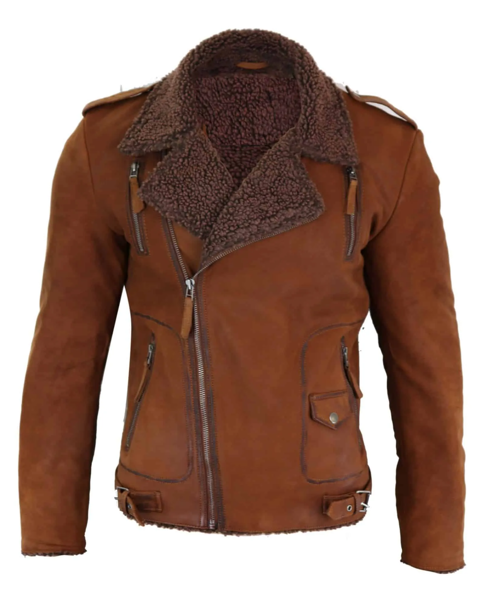 Real Leather Men's Cross-Zip Biker Jacket, Fleece Lined-Tan