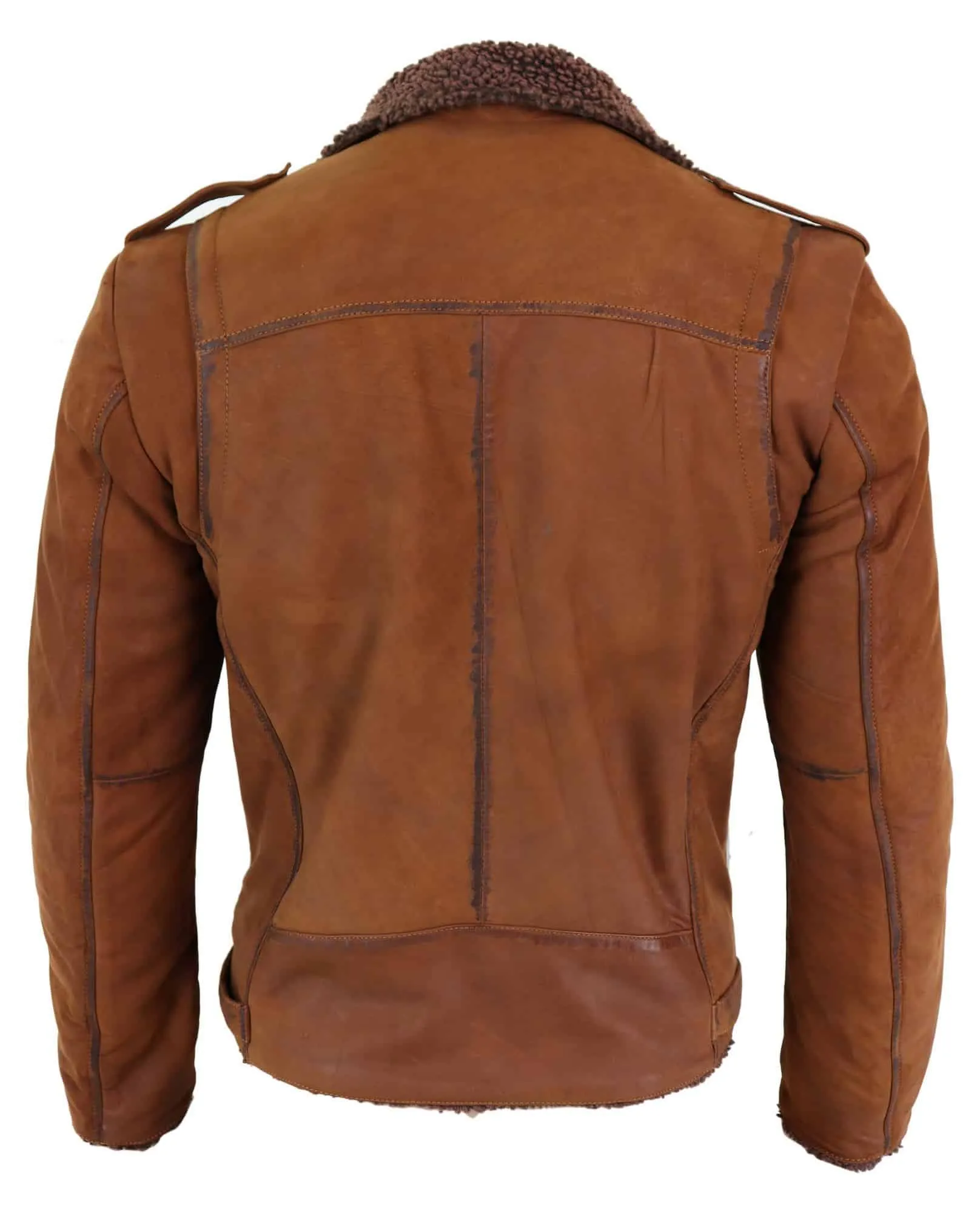 Real Leather Men's Cross-Zip Biker Jacket, Fleece Lined-Tan