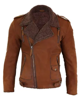 Real Leather Men's Cross-Zip Biker Jacket, Fleece Lined-Tan