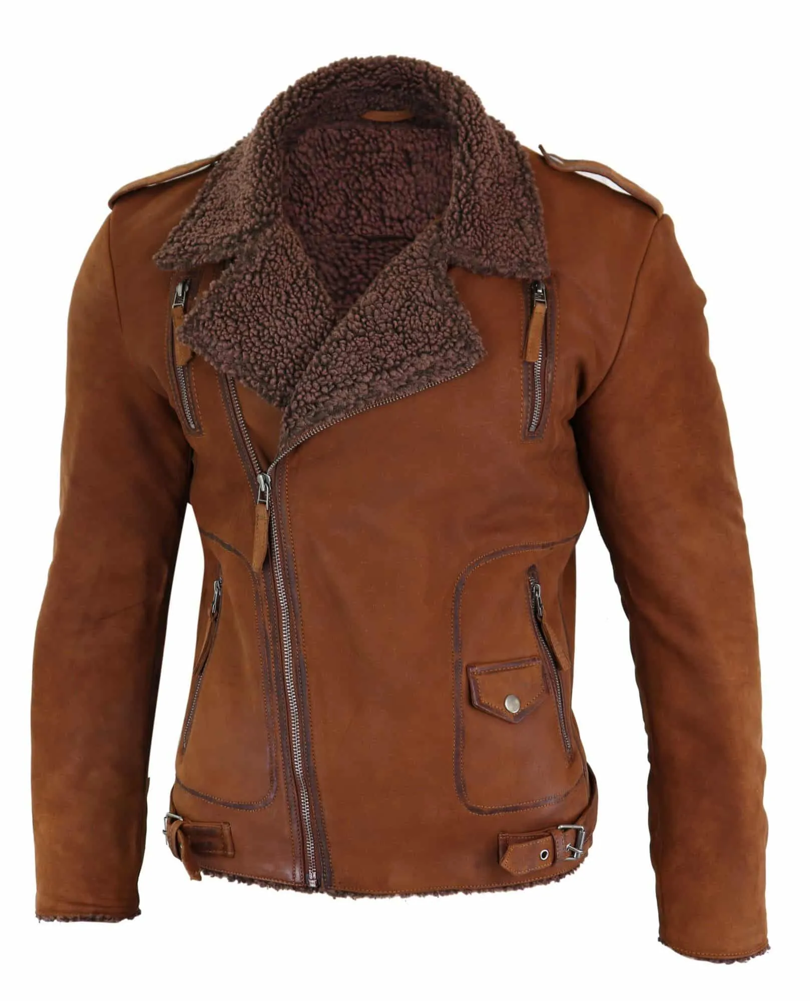 Real Leather Men's Cross-Zip Biker Jacket, Fleece Lined-Tan