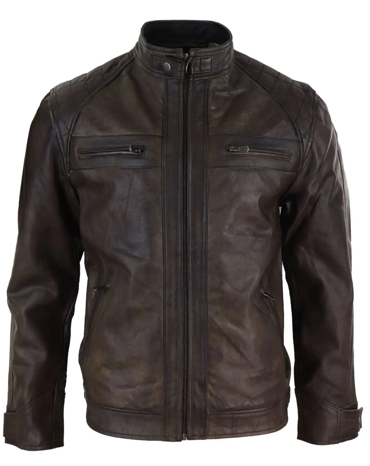 Real Leather Mens Brown Classic Biker Jacket - Brown Biker