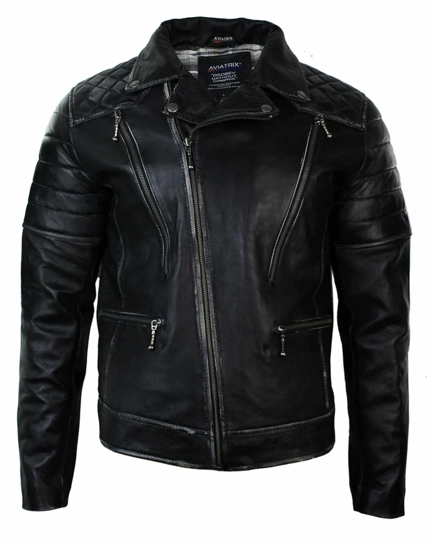 Real Leather Punk Rock Cross Zip Mens Biker Jacket Vintage Retro Effect