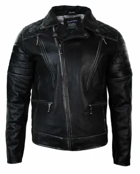 Real Leather Punk Rock Cross Zip Mens Biker Jacket Vintage Retro Effect