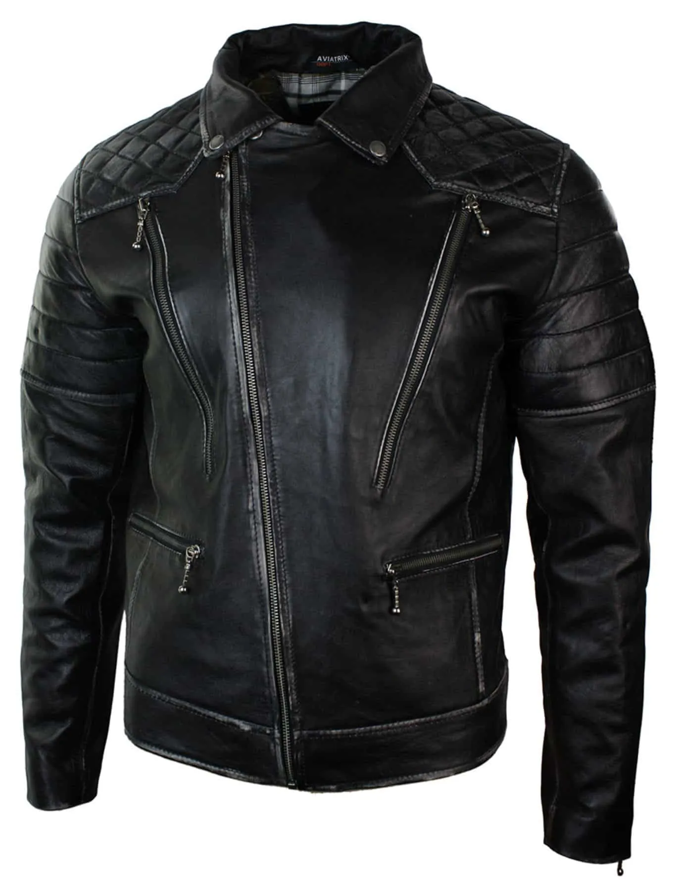 Real Leather Punk Rock Cross Zip Mens Biker Jacket Vintage Retro Effect