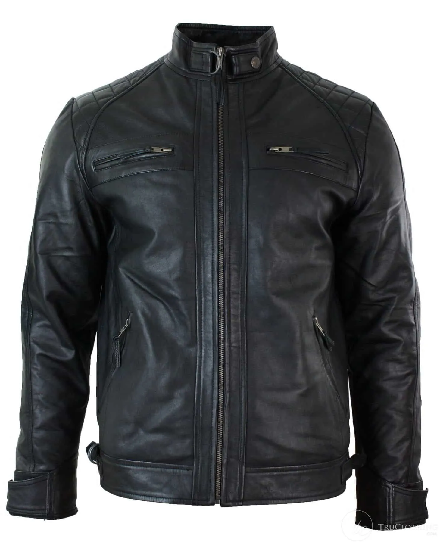 Real Leather Retro Style Zipped Mens Biker Jacket Soft Black Casual-Black