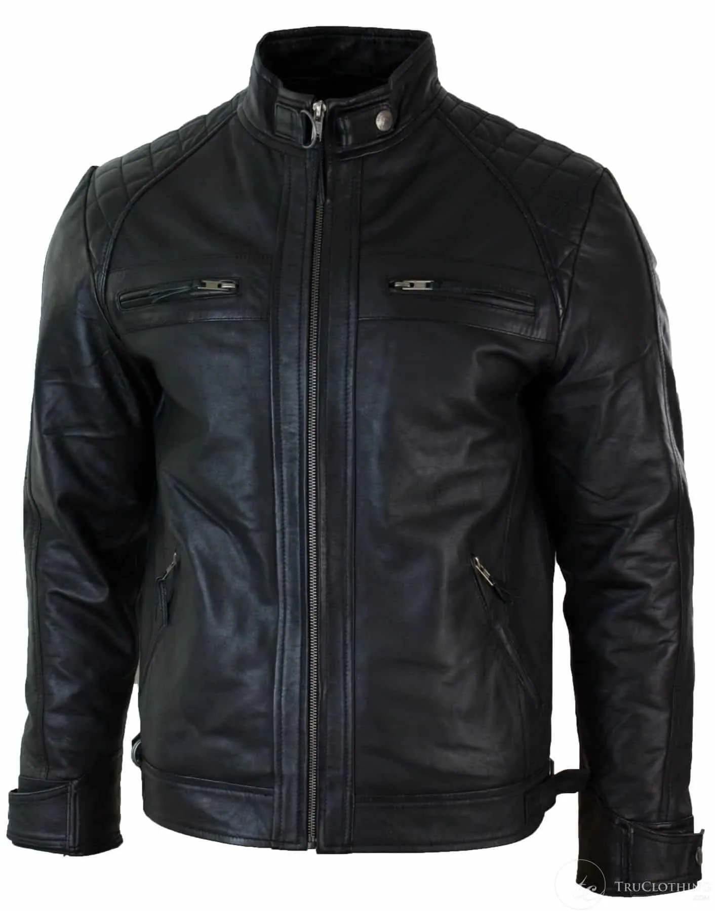 Real Leather Retro Style Zipped Mens Biker Jacket Soft Black Casual-Black