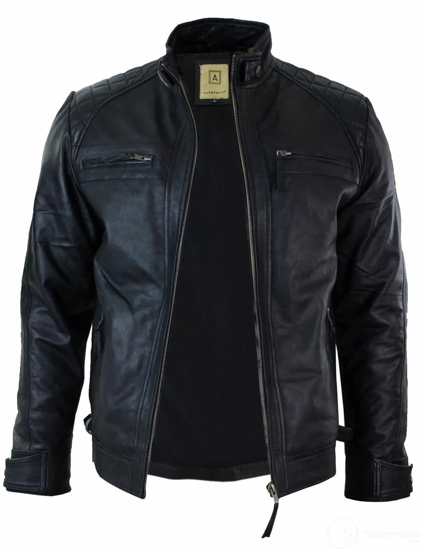 Real Leather Retro Style Zipped Mens Biker Jacket Soft Black Casual-Black